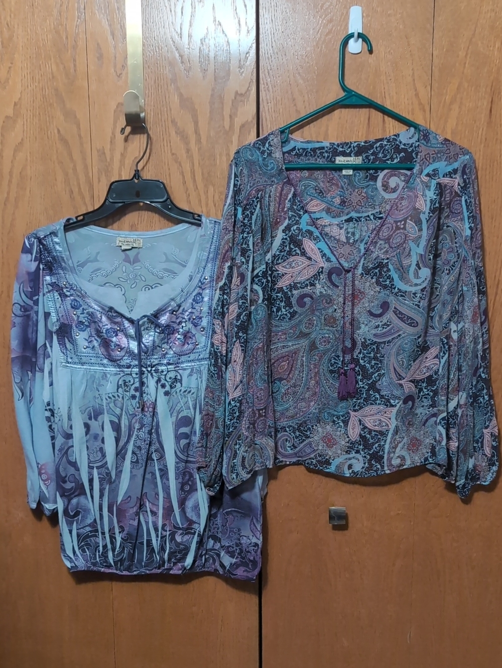 ONE WORLD Paisley Peasant Tops in Purple & Gray and Purple & Teal Accents (XL)